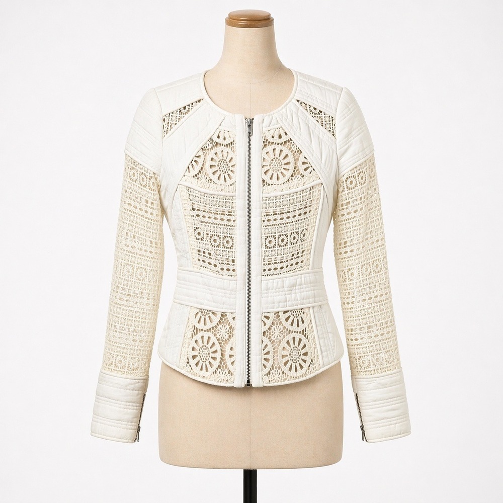Anthropologie Lace Crochet Quilted Moto Jacket White Zip Y2K Boho Indie Layering